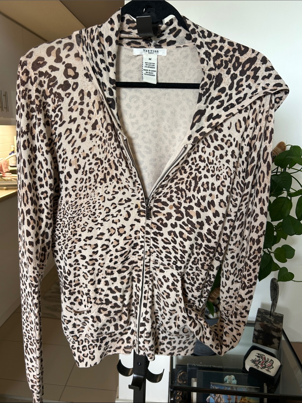Vertigo Paris Leopard Zip-Up Cardigan in Beige and Brown with hood. Side pockets